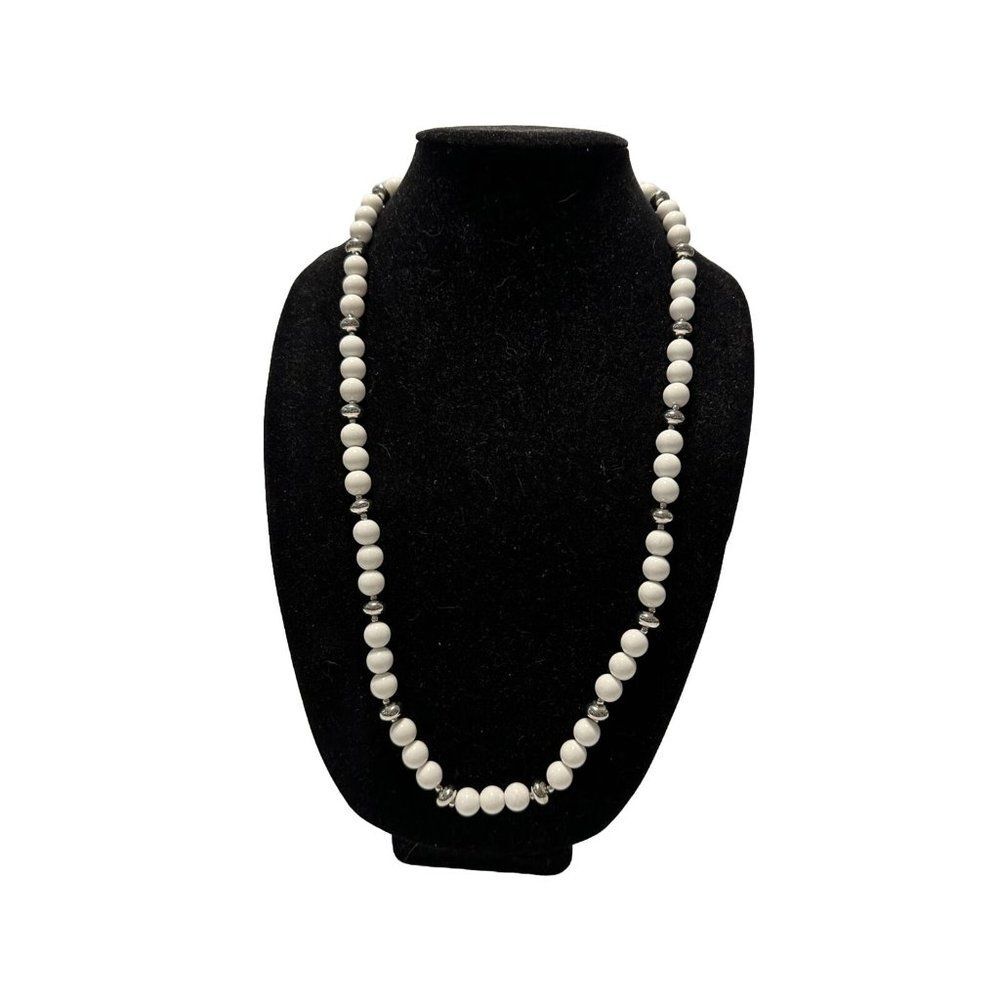 Vintage 30 “ White Silver Tone Beaded Necklace Korea Statement Boho
